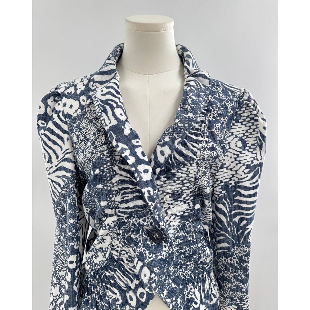 Anthropologie Bamboo Traders Smocked White Navy Blazer Jacket Cotton Large L